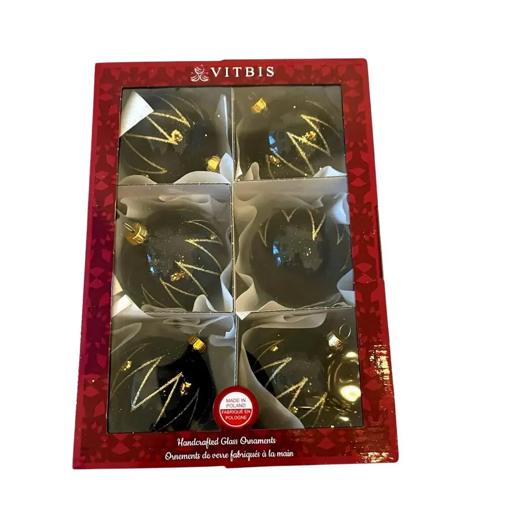 VITBIS Handcrafted Glass Ornaments Set of 6 Navy Blue & Gold Made in Poland NEW